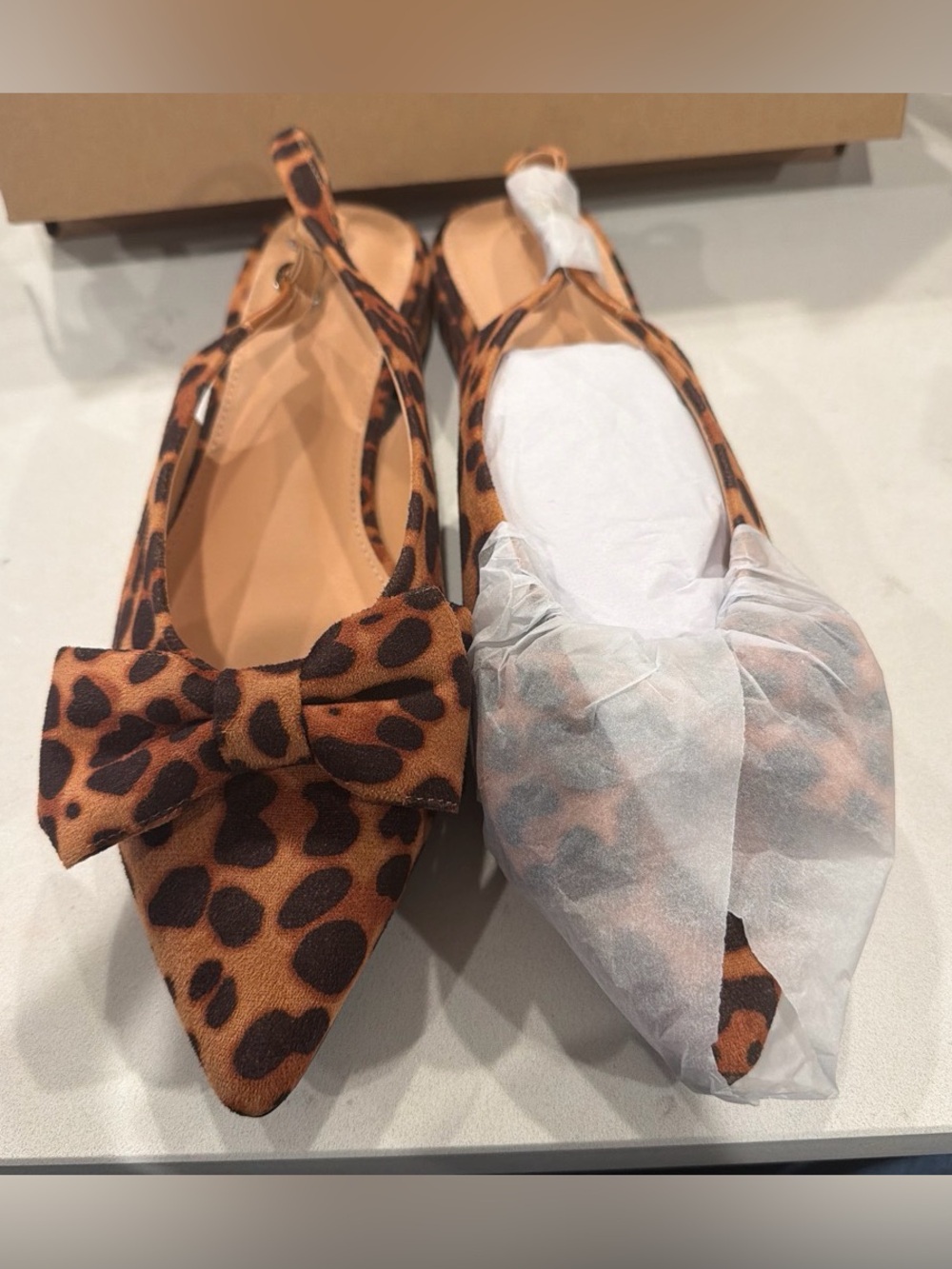 Leopard Print Pointed Bow Slingback Flats - Brown